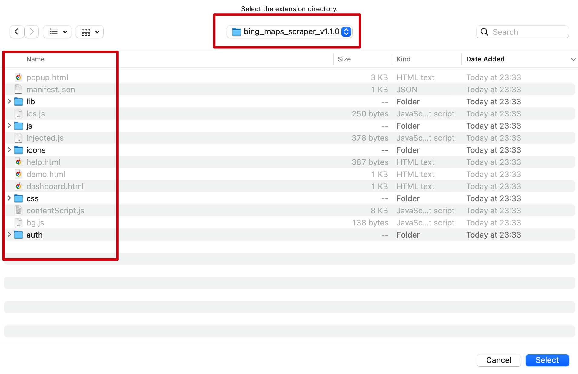 select extension files